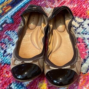 Coach Brown Signature Canvas and Black Patent Toe Ballet Flats